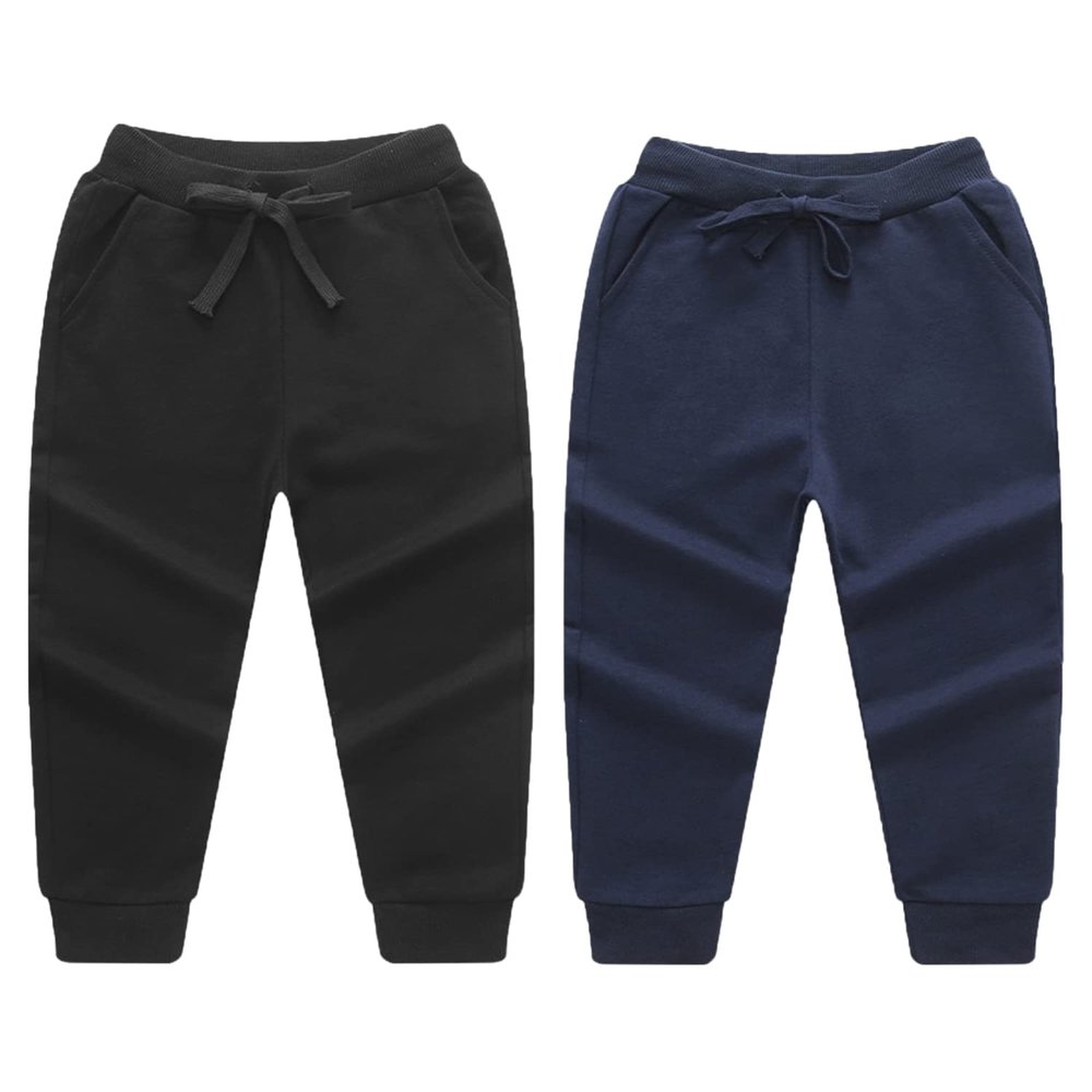 EISHOW Toddler Baby 2 Pack Cotton Active Jogger Pants, Kids Boys Girls Casual Athletic Sweatpants Pants with Drawstring Pocket (2 Pack-Navy&Black,1-2 Years,1 Year,2 Years)