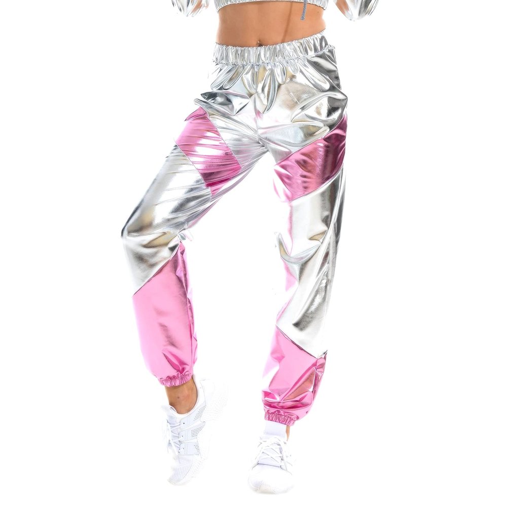 OBEEII Womens High Waisted Metallic Jogger Pants, Color Block Sweatpants Holographic Hip Hop Workout Trousers Club Wear #Sliver Medium