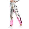 OBEEII Womens High Waisted Metallic Jogger Pants, Color Block Sweatpants Holographic Hip Hop Workout Trousers Club Wear #Sliver Medium view 2