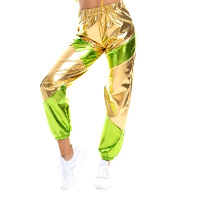 OBEEII Women's Glossy Metallic Hip-Hop Sweatpant Holographic Iridescence Jogger Pants Tapered Pant with Pockets Gold Large