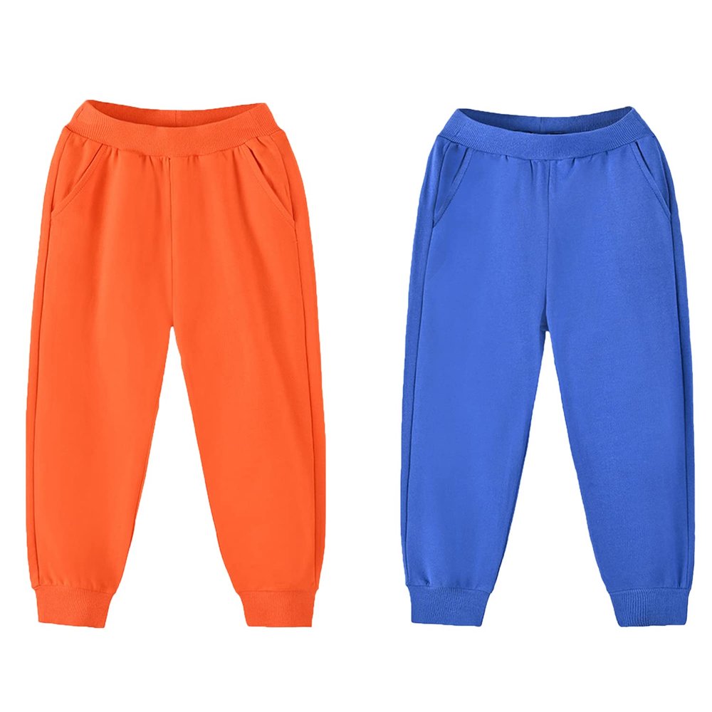 EISHOW Unisex Kids Sweatpants, Toddler Baby Boys Girls Solid Color Cotton Sweatpants Elastic Waist Drawstring Joggers Pants (2 Pack-Orange&Color Blue,1-2 Years,1 Year,2 Years)