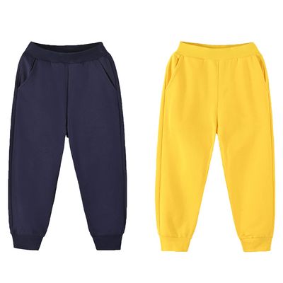 EISHOW Unisex Kids Sweatpants, Toddler Baby Boys Girls Solid Color Cotton Sweatpants Elastic Waist Drawstring Joggers Pants (2 Pack-Navy&Yellow,1-2 Years,1 Year,2 Years)
