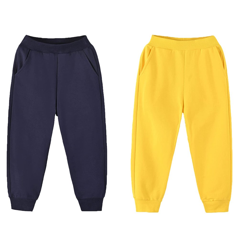 EISHOW Unisex Kids Sweatpants, Toddler Baby Boys Girls Solid Color Cotton Sweatpants Elastic Waist Drawstring Joggers Pants (2 Pack-Navy&Yellow,1-2 Years,1 Year,2 Years)