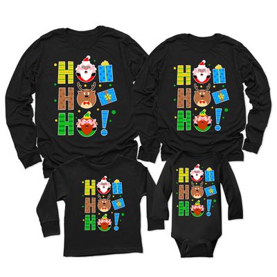 Ho Ho Ho Christmas Santa Deer Gnome Matching Family Youth Boy Girl Long Sleeve Shirt Black