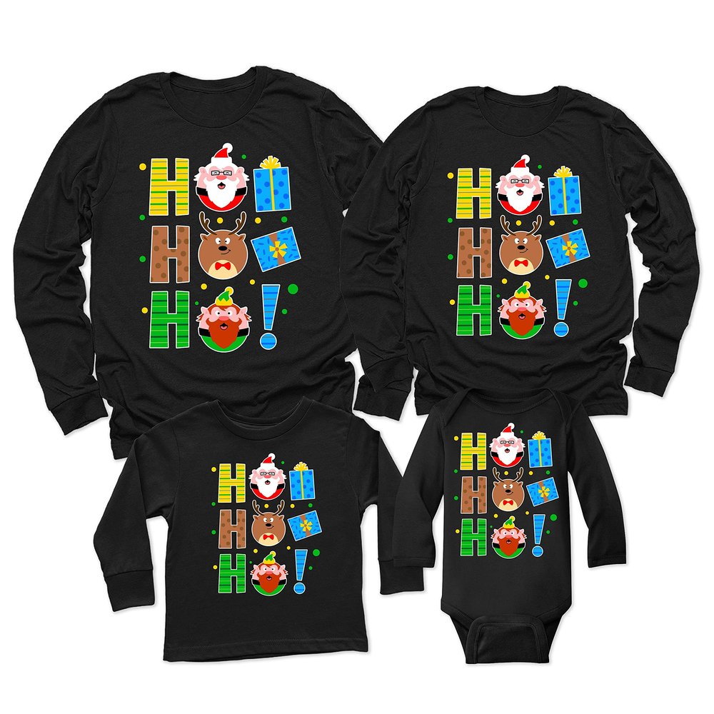 Ho Ho Ho Christmas Santa Deer Gnome Matching Family Youth Boy Girl Long Sleeve Shirt Black