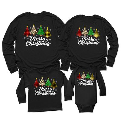 Merry Christmas Trees Leopard Buffalo Plaid Matching Family Youth Boy Girl Long Sleeve Shirt Black