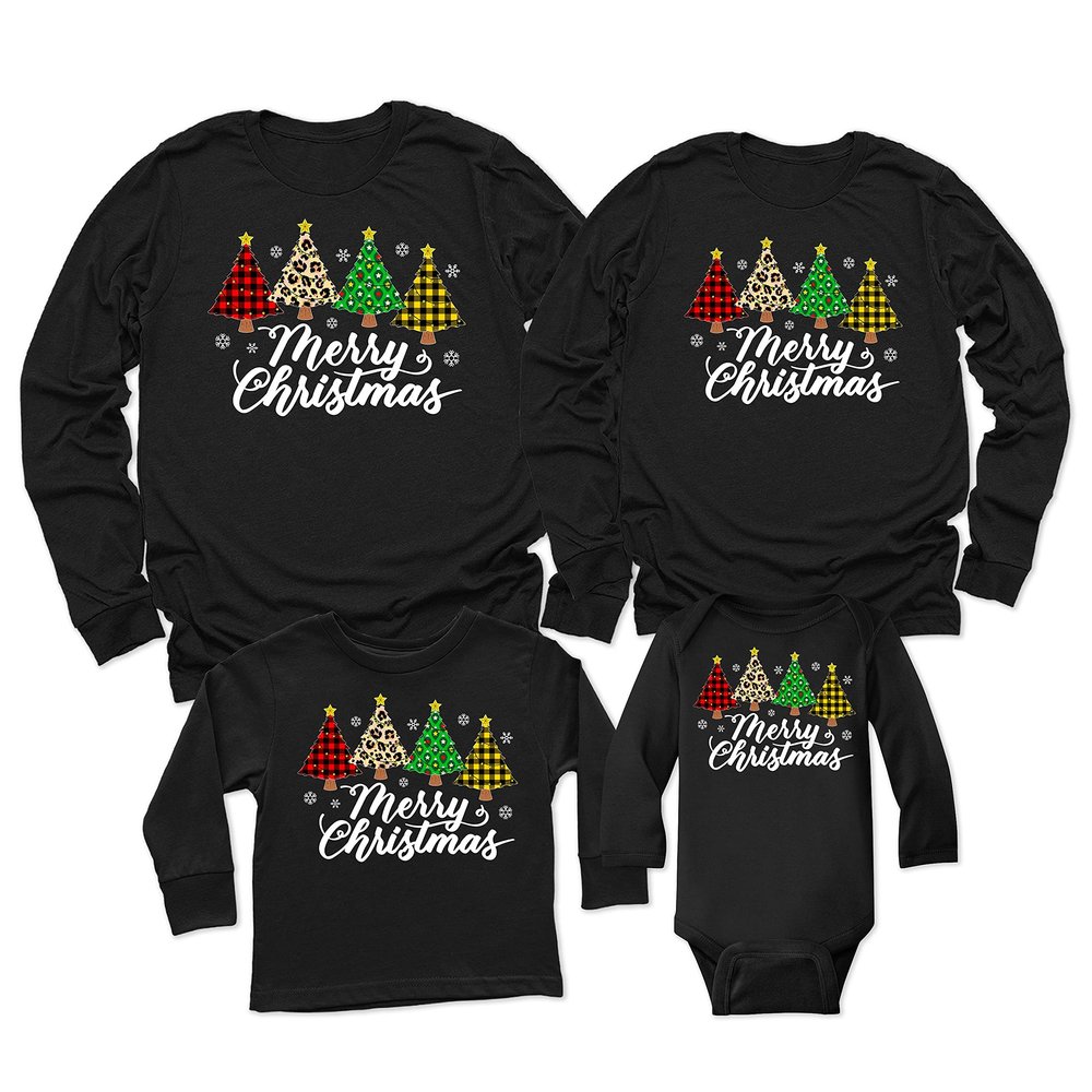 Merry Christmas Trees Leopard Buffalo Plaid Matching Family Youth Boy Girl Long Sleeve Shirt Black