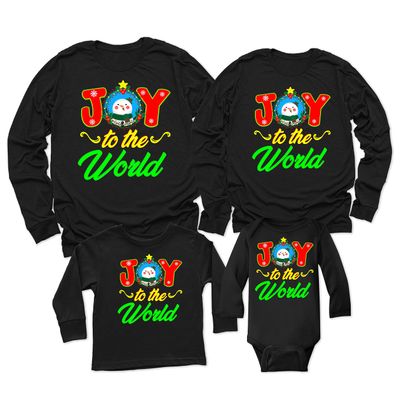 Joy to The World Snowman Funny Christmas Matching Family Youth Boy Girl Long Sleeve Shirt Black