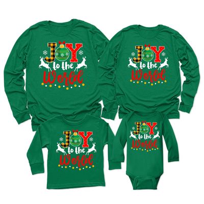 Joy to The World Merry Christmas Matching Family Youth Boy Girl Long Sleeve Shirt Kelly