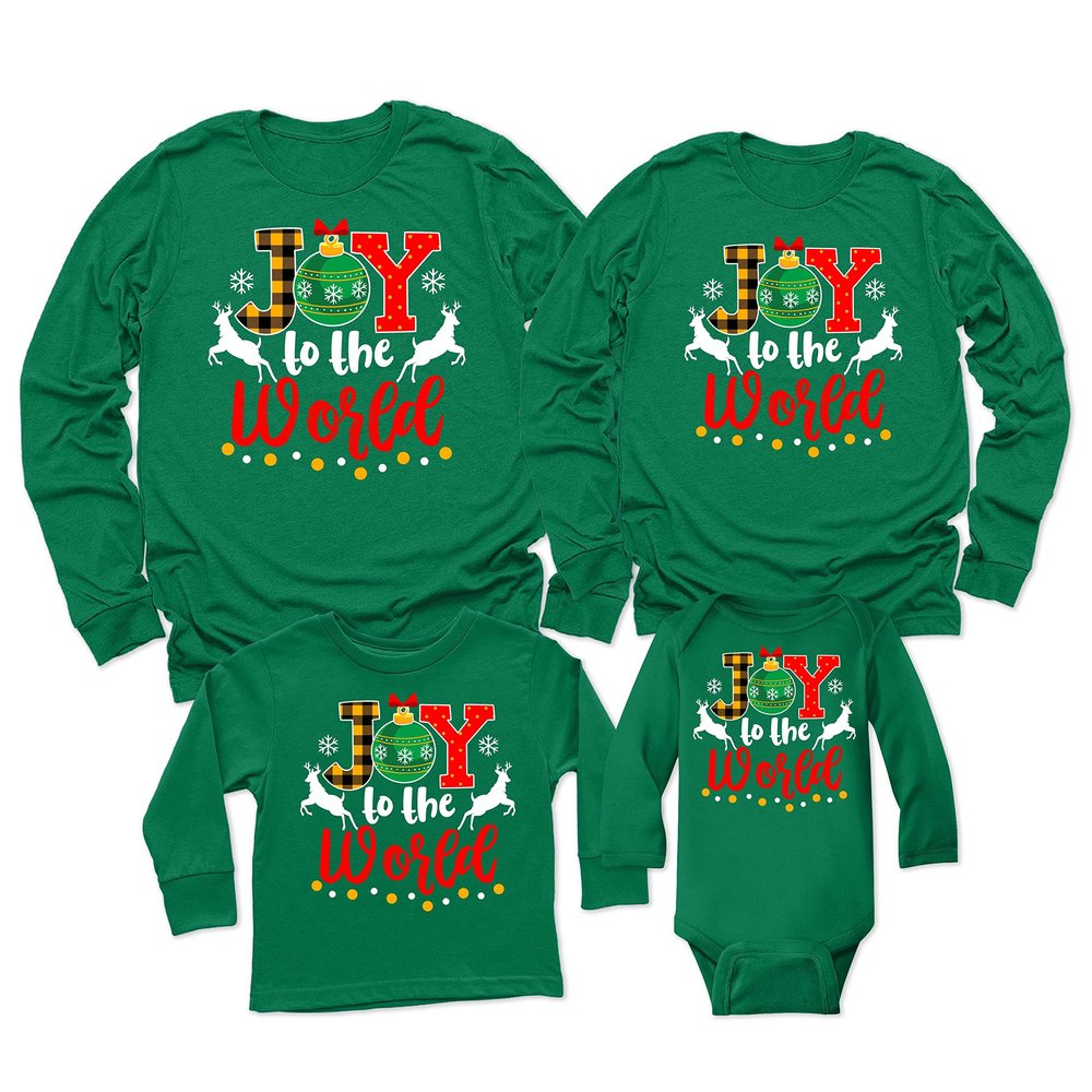 Joy to The World Merry Christmas Matching Family Youth Boy Girl Long Sleeve Shirt Kelly