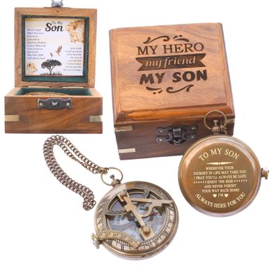 to My Son Compass - Personalized Sundial Compass with Case | Unique Gift for Son, Dad to Son Gift, Mom to Son Gift, Grandson Gift | Pocket Compass with Inspirational Engraving (Wooden Case)