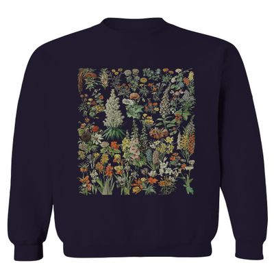 Vintage Print Graphic Floral Flower Tropical Botanical Men's Crewneck Sweatshirt (Navy X-Large)