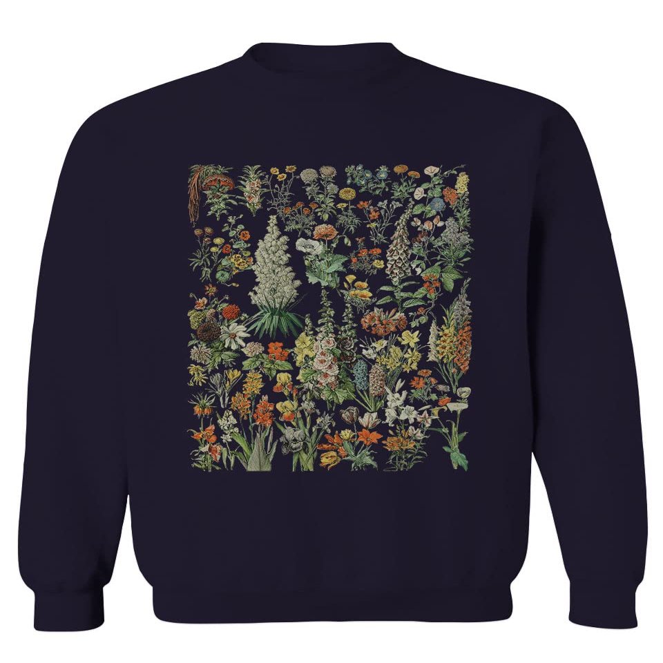 Vintage Print Graphic Floral Flower Tropical Botanical Men's Crewneck Sweatshirt (Navy X-Large)