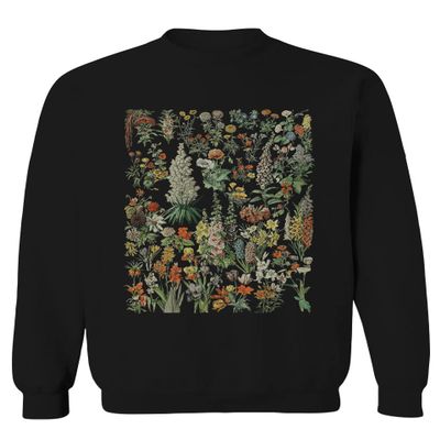 Vintage Print Graphic Floral Flower Tropical Botanical Men's Crewneck Sweatshirt (Black Large)