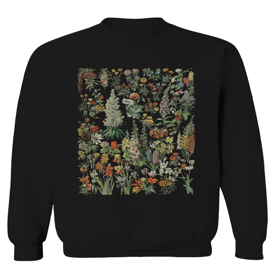 Vintage Print Graphic Floral Flower Tropical Botanical Men's Crewneck Sweatshirt (Black Large)