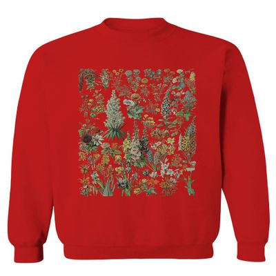 Vintage Print Graphic Floral Flower Tropical Botanical Men's Crewneck Sweatshirt (Red, Large)