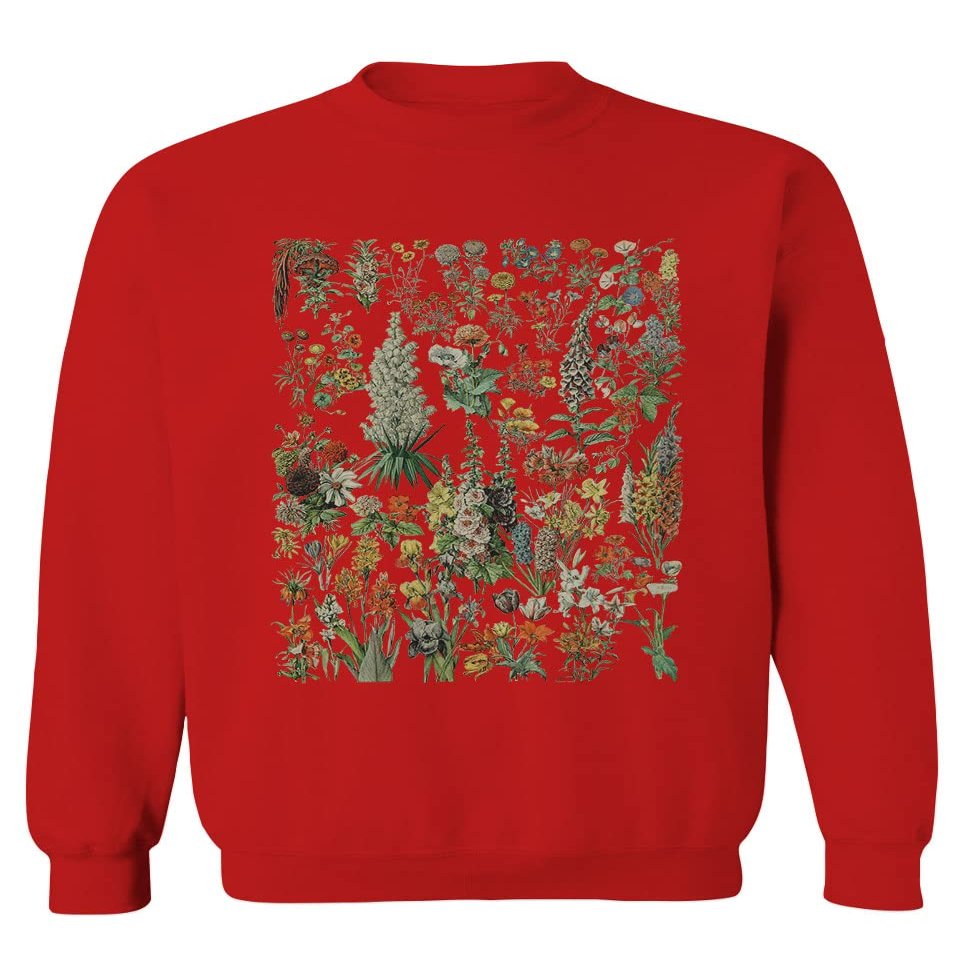 Vintage Print Graphic Floral Flower Tropical Botanical Men's Crewneck Sweatshirt (Red, Large)