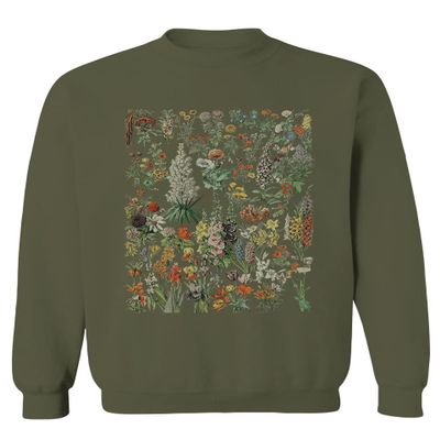 Vintage Print Graphic Floral Flower Tropical Botanical Men's Crewneck Sweatshirt (Olive, X-Large)