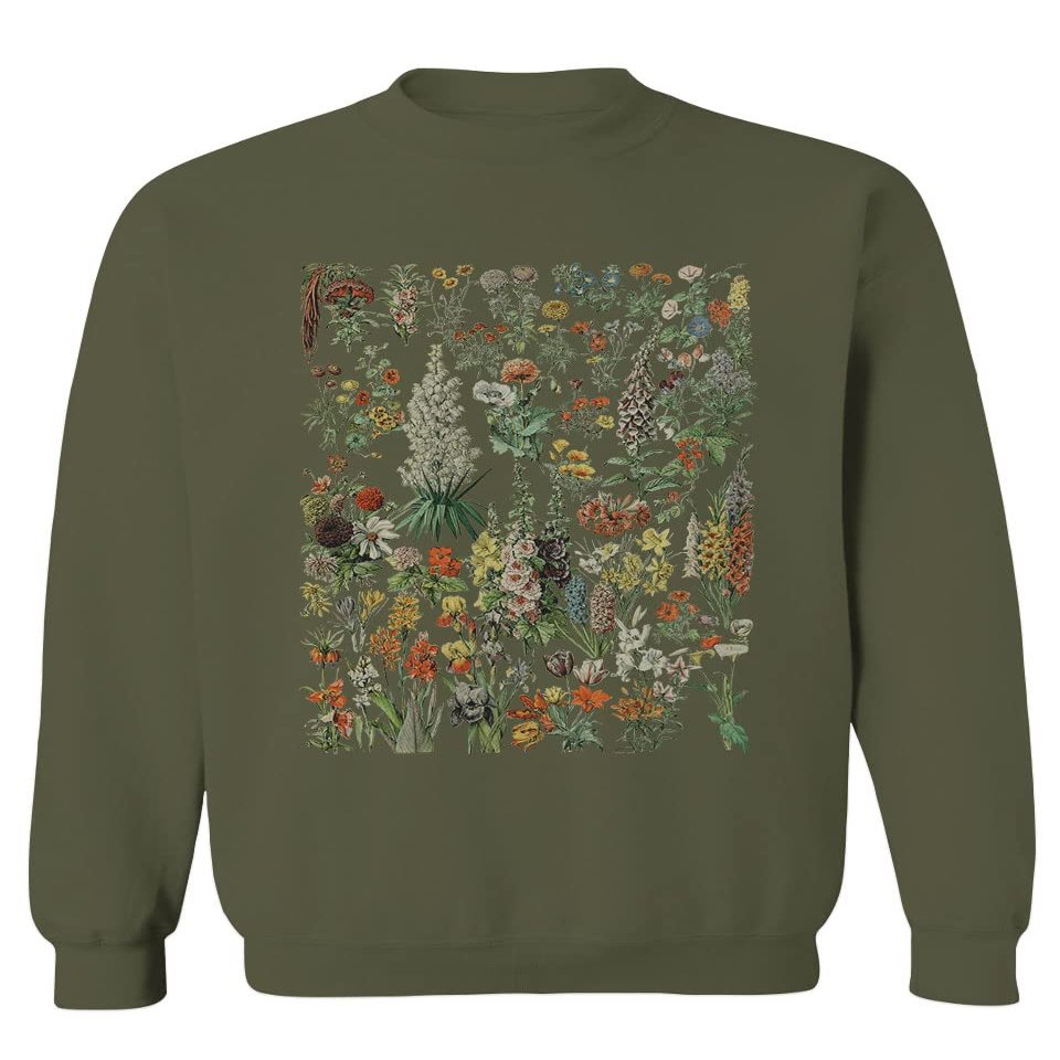 Vintage Print Graphic Floral Flower Tropical Botanical Men's Crewneck Sweatshirt (Olive, X-Large)