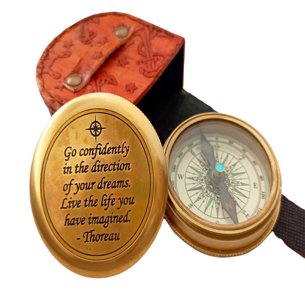 Go Confidently Engraved Compass with Thoreau Quote & Robert Frost Poem | Gift for Son, Grandson, Brother | Graduation Day Camping Magnetic Compass with Leather Case
