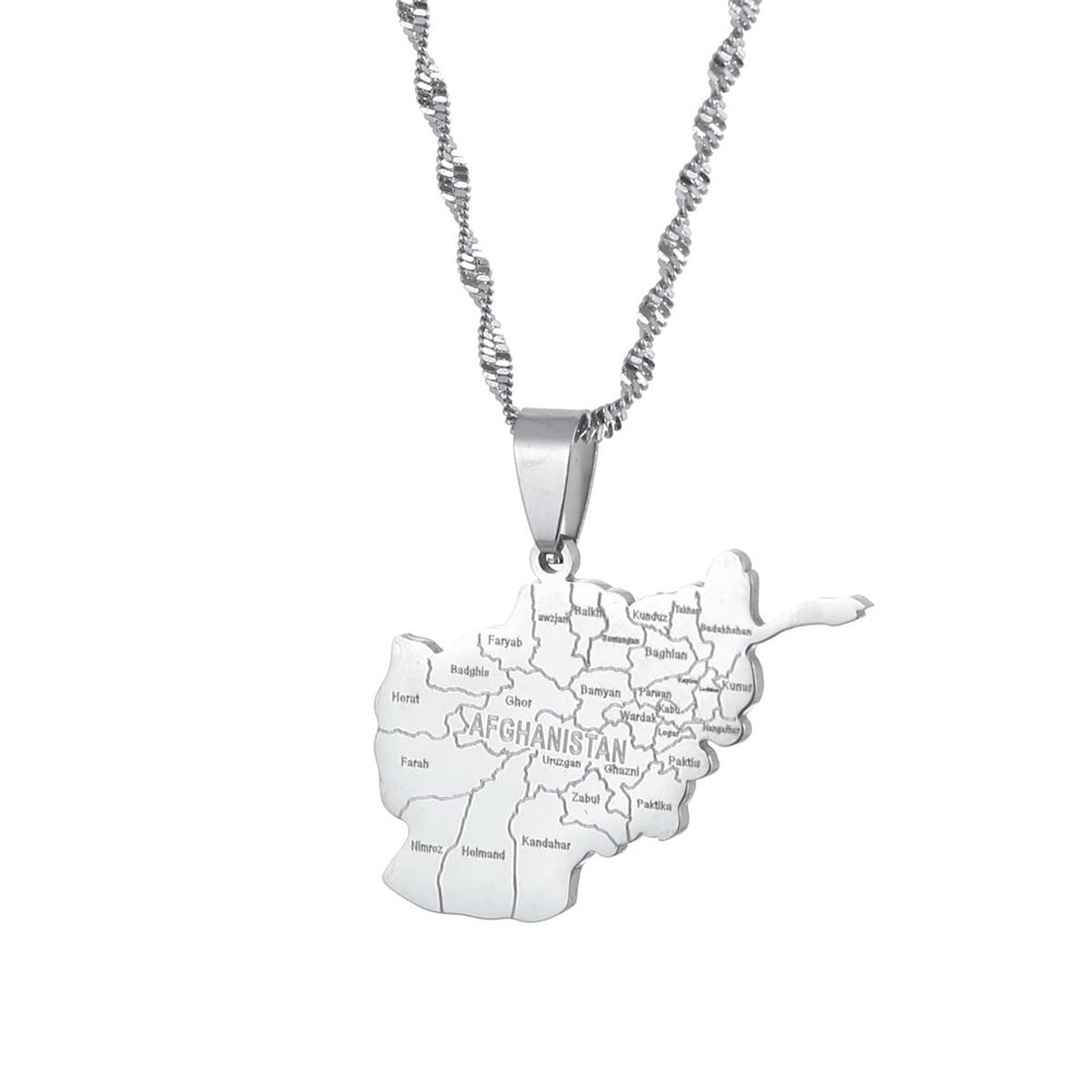 Afghanistan Map With Cities Name Pendant Necklaces for Women,Gold Color Afghan Maps Jewelry (silver)