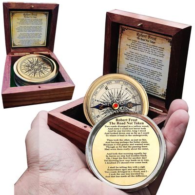Antiqued Brass Robert Frost Poem Compass with Wooden Box, Inspirational Gifts for Woman, Aniversity Gifts for Men,Engraved,Wedding for Boys, Pocket Compass for Hiking Survival