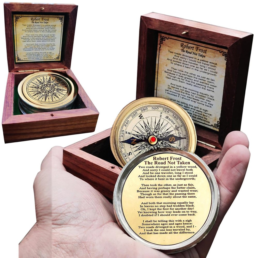 Antiqued Brass Robert Frost Poem Compass with Wooden Box, Inspirational Gifts for Woman, Aniversity Gifts for Men,Engraved,Wedding for Boys, Pocket Compass for Hiking Survival