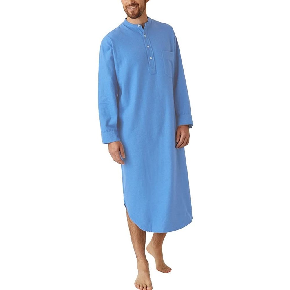 Men Henley Sleep Shirt Soft Comfy Nightwear, Button Closure Nightgown Pajama, Long Sleeve Sleepwear Blue