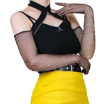 4.Black Fishnet Gloves Long Party Gloves Sexy Gloves Halloween Costume Gloves Fancy Dress for Cocktail Party Bar Sparkled, length 19.6in