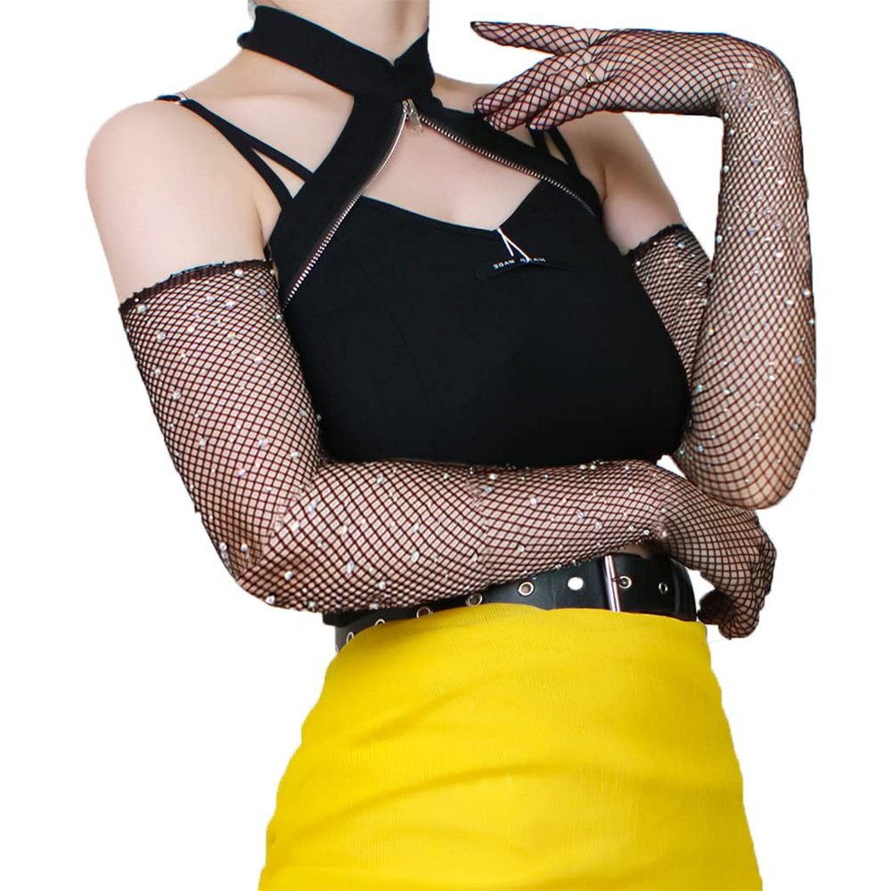 4.Black Fishnet Gloves Long Party Gloves Sexy Gloves Halloween Costume Gloves Fancy Dress for Cocktail Party Bar Sparkled, length 19.6in