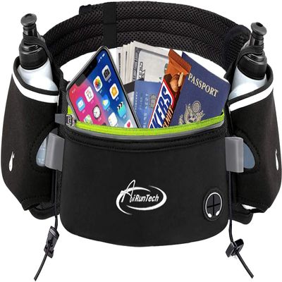 AiRunTech Hydration Running Belt with Bottles Zero Bounce Design for Running, Triathlon, Marathon, 10K, 5K, Trail Fit for Most Smartphones(2 * 10OZ bottle)