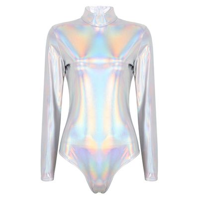 YiZYiF Gymnastics Leotard Women/Girls One Piece Long Sleeve Metallic Athletic Dance wear Turtleneck Silver XX-Large