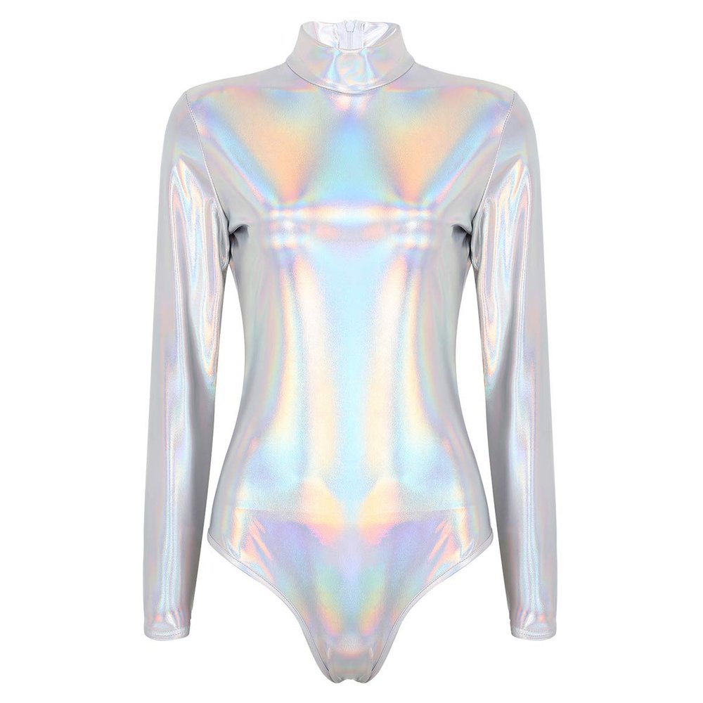 YiZYiF Gymnastics Leotard Women/Girls One Piece Long Sleeve Metallic Athletic Dance wear Turtleneck Silver XX-Large