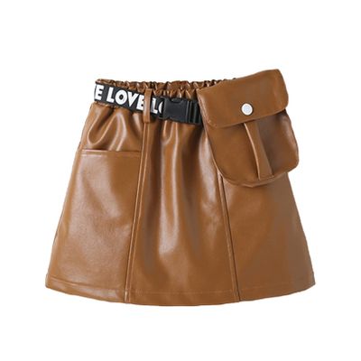 Kaerm Toddler Baby Girls Faux Leather Mini Dress Letter Print Waist Belt Short Pencil Skirt with Pocket Brown 1 18-24 Months