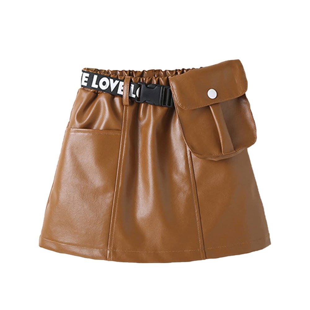 Kaerm Toddler Baby Girls Faux Leather Mini Dress Letter Print Waist Belt Short Pencil Skirt with Pocket Brown 1 18-24 Months