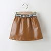 Kaerm Toddler Baby Girls Faux Leather Mini Dress Letter Print Waist Belt Short Pencil Skirt with Pocket Brown 1 18-24 Months view 2