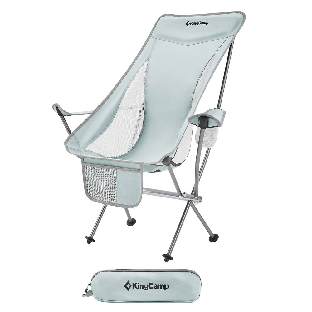 KingCamp Lightweight Padded Highback Folding Lounge Chair with Cupholder, Side Storage Pocket, and Carry Bag for Indoor or Outdoors, Grey
