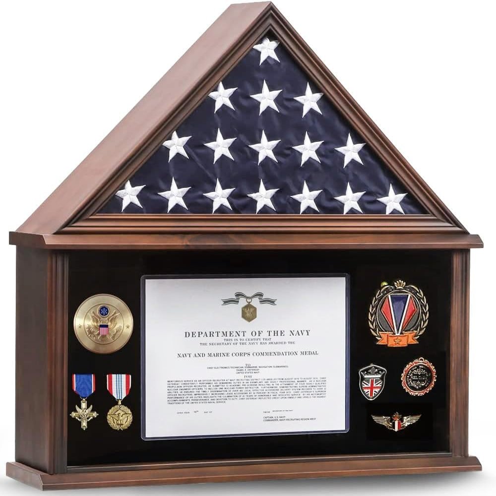 Zmiky Large Burial Flag Case - Solid Wood Display Case for 5x9.5 Folded Military Flag with Certificate Holder - Walnut Finish