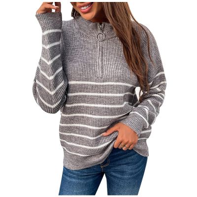 tuduoms Womens Striped Chunky Sweaters Oversized Quarter Zip Up Cabel Knit Pullover Fall Mock Neck Casual Cozy Loose Jumpers A-Gray