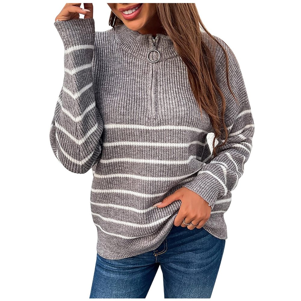tuduoms Womens Striped Chunky Sweaters Oversized Quarter Zip Up Cabel Knit Pullover Fall Mock Neck Casual Cozy Loose Jumpers A-Gray