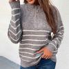 tuduoms Womens Striped Chunky Sweaters Oversized Quarter Zip Up Cabel Knit Pullover Fall Mock Neck Casual Cozy Loose Jumpers A-Gray view 2