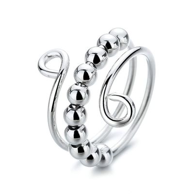 Unique Spinner Fidget Beads Ring for Anxiety for Women Coil Spiral Rotate Freely Inspirations Jewelry Crochet Loop Knitting Expandable Adjustable Best Friends Dainty Birthday (Silver)