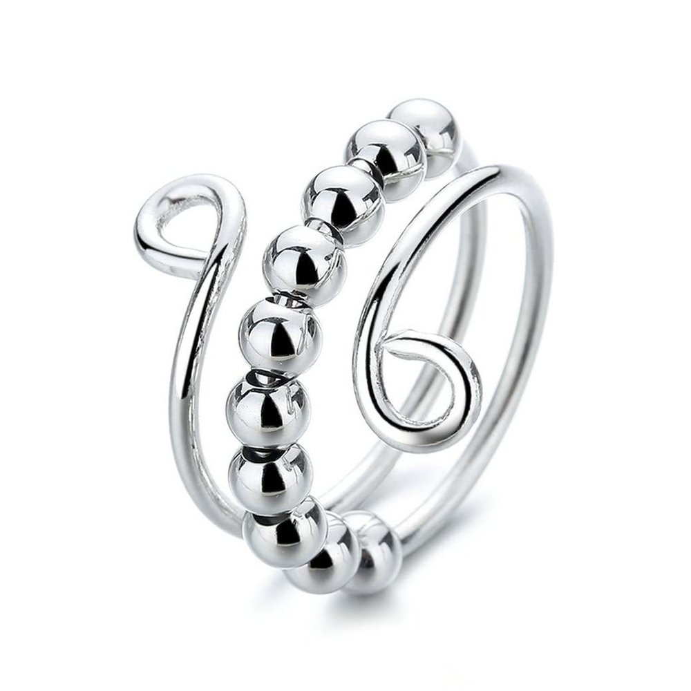Unique Spinner Fidget Beads Ring for Anxiety for Women Coil Spiral Rotate Freely Inspirations Jewelry Crochet Loop Knitting Expandable Adjustable Best Friends Dainty Birthday (Silver)