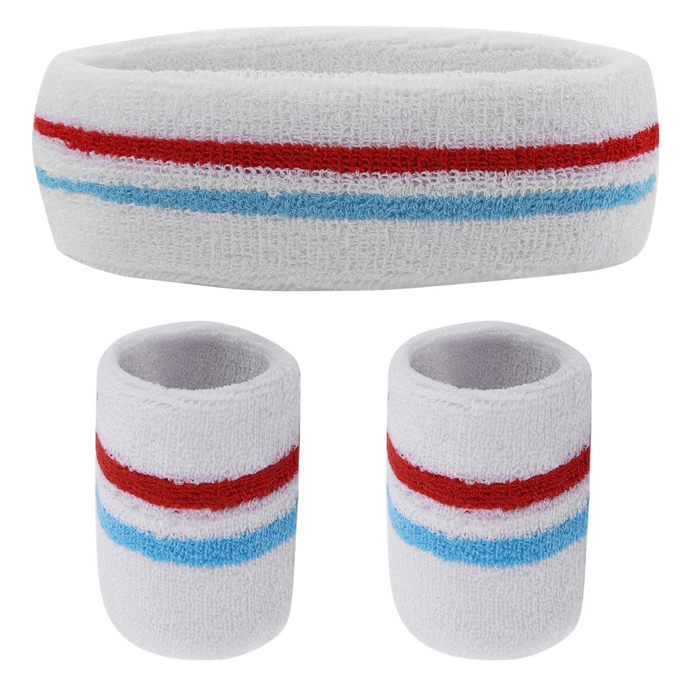 Yolev Striped Sweatband Set Sports Headband Wristband (1 Headband and 2 Wristbands) Set Sweatbands for Athletic Men and Women