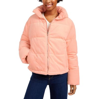Collection B Womens Corduroy Cropped Puffer Coat Orange S Pink