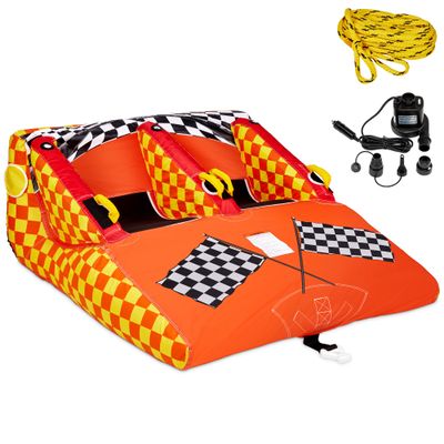 SUNNY & FUN Towable Water Tube - 2-Person Inflatable Floating Raft with Cushion Seats, Grip Handles, Dual Tow Points & Speed Safety Valve for Fast Inflation - 12V Air Pump & Tow Rope Included