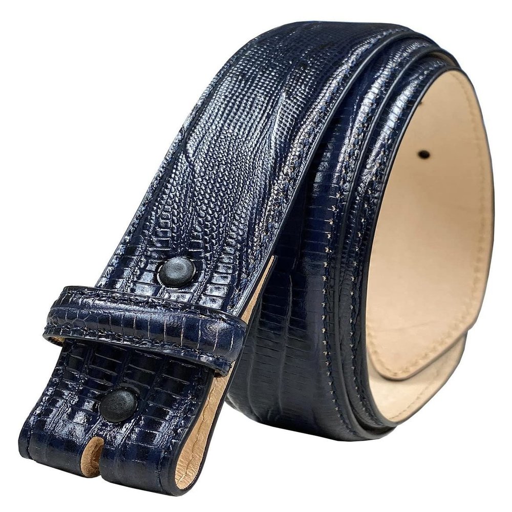 35MM Italian Calfskin Genuine Leather Dress Belt Strap with Snaps 1-3/8"(35mm) Wide (Lizard Navy, 40)
