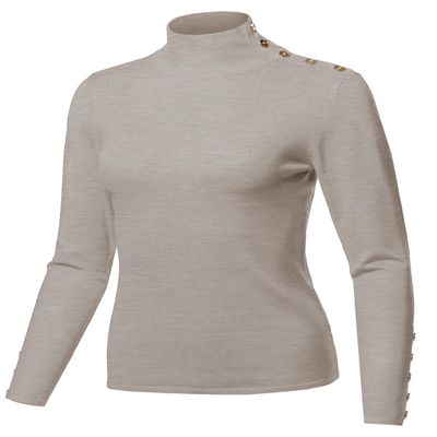 Made by Emma Fitted Gold Button Detail Soft Long Sleeve Mock Turtleneck Knit Sweater Camel XL