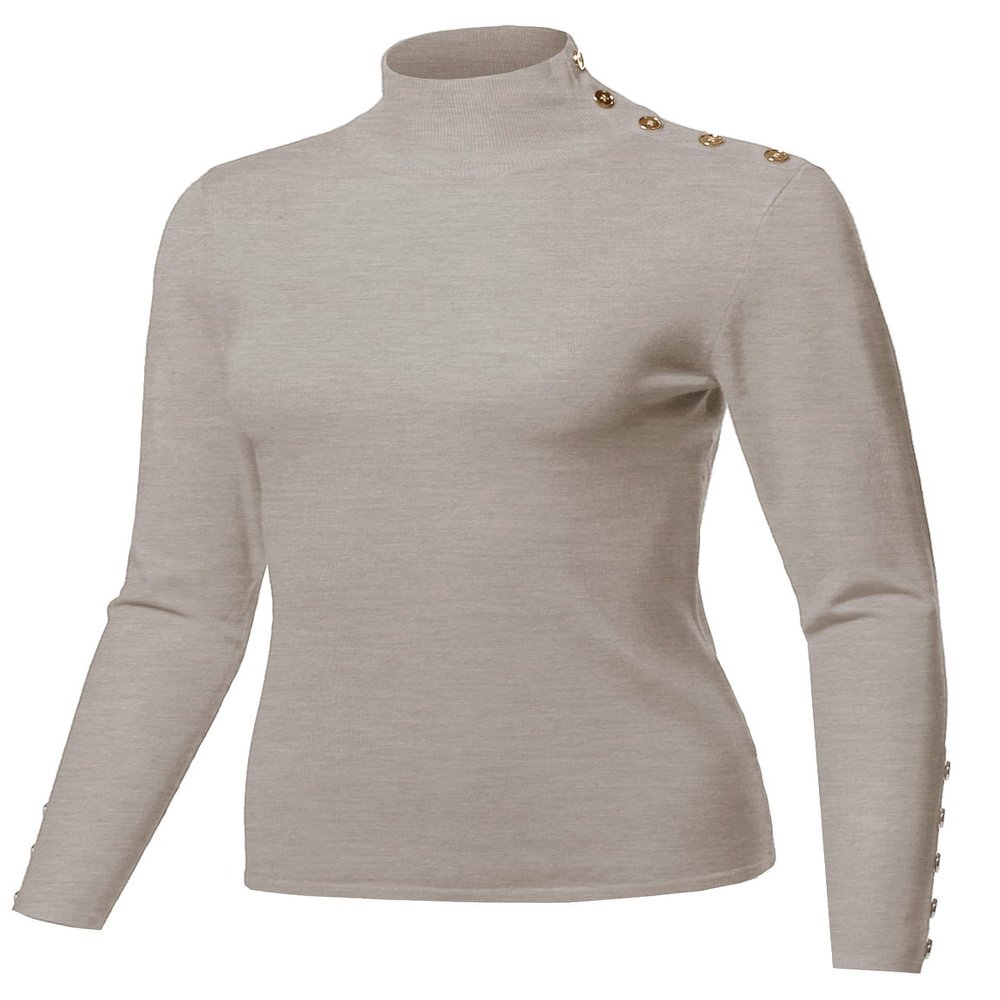Made by Emma Fitted Gold Button Detail Soft Long Sleeve Mock Turtleneck Knit Sweater Camel XL