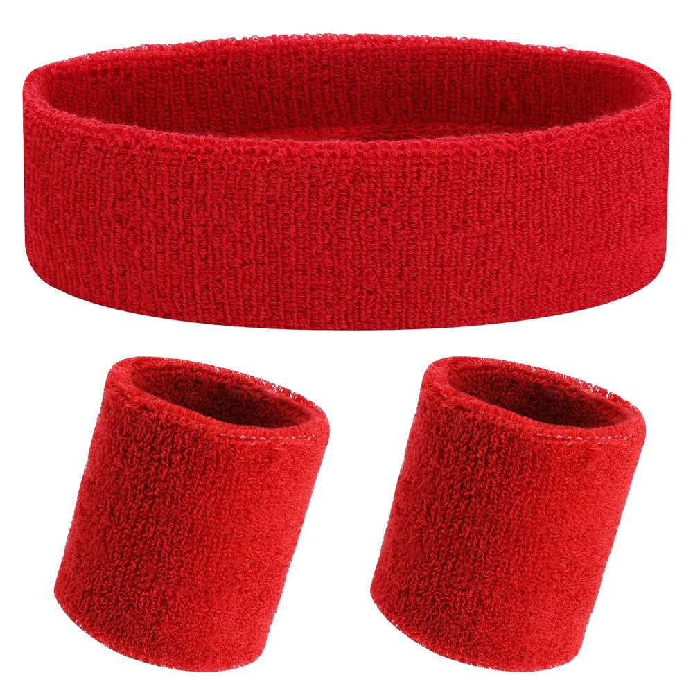 Yolev Sports Headband Wristband Set Sweatbands (1 Headband and 2 Wristbands) for Athletic Men and Women Red